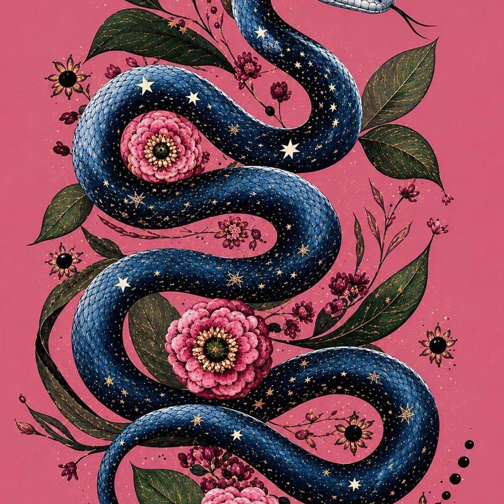 5x7 Framed Celestial Snake & Floral Art Print – Pink Botanical Wall Decor